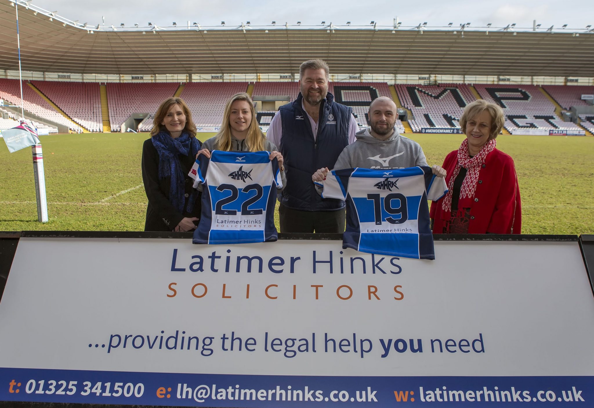 Andrea Tobin - Latimer Hinks, Heather Kerr - Sharks Player, Mick Birch - Chairman of Darlington Mowden Rugby Club, Jason Loveridge - Head of Programme and Anne Elliott, CEO at Latimer Hinks Solicitors